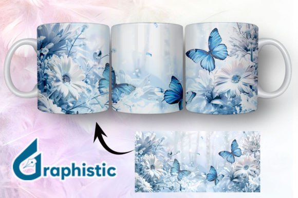 Blue Floral Butterfly Mug Wrap 03: Graphics & Illustrations for Local Brands