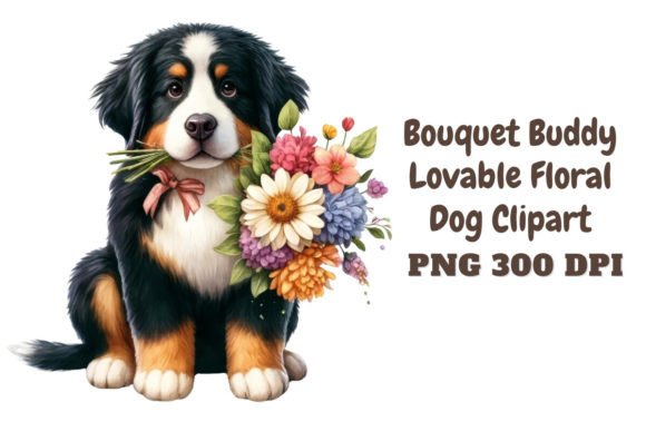 Bouquet Buddy Lovable Floral Dog Clipart Graphics & Illustrations