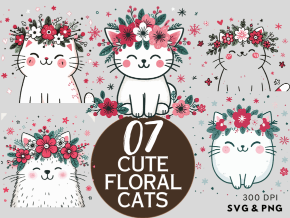 Cute Floral Cats SVG, PNG Graphics for Illustrations