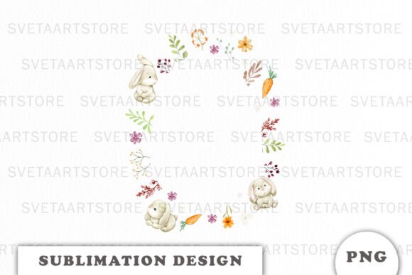 Easter Rabbits with Floral Frame PNG for Graphics and Illustrations