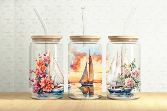 Floral Sailboats 16oz Glass Can Wrap Graphics & Illustrations