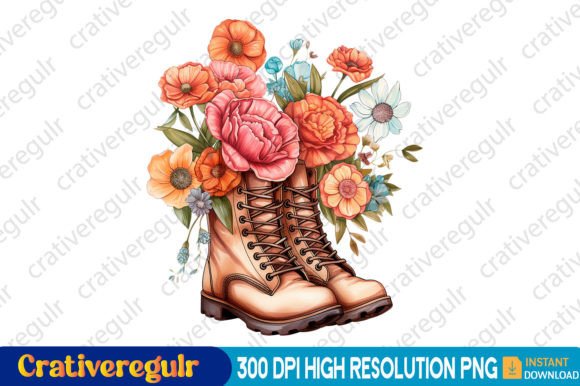 Watercolor Boots Spring Floral Clipart for Graphics & Illustrations