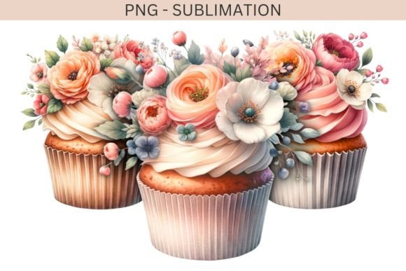 Watercolor Dessert Prints,Floral Cupcake Graphics for Illustrations