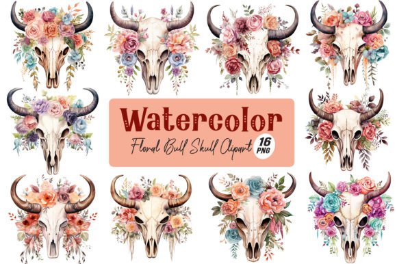 Watercolor Floral Bull Skull Clipart Graphics & Illustrations Review