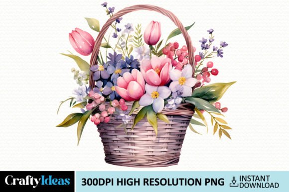 Watercolor Spring Floral Basket Clipart for Graphics & Illustrations