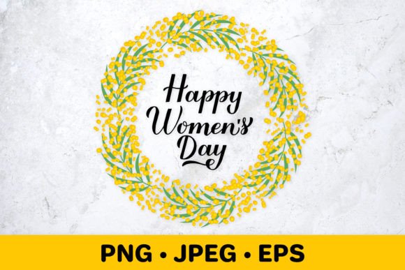 Women's Day. Floral Mimosa Wreath Graphics and Illustrations
